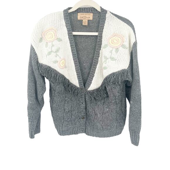 One Step Up Sweaters - One Step Up Vintage 90s Boho Fringe Floral Hand Knitted‎ Cardigan Sweater Size M